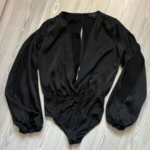Black Long-Sleeve Wrap Bodysuit - Women's Top